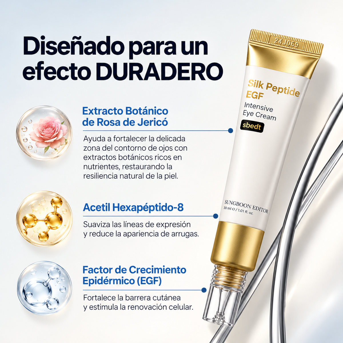 Ingredientes: Rosa de Jericó, Acetil Hexapéptido-8 y EGF