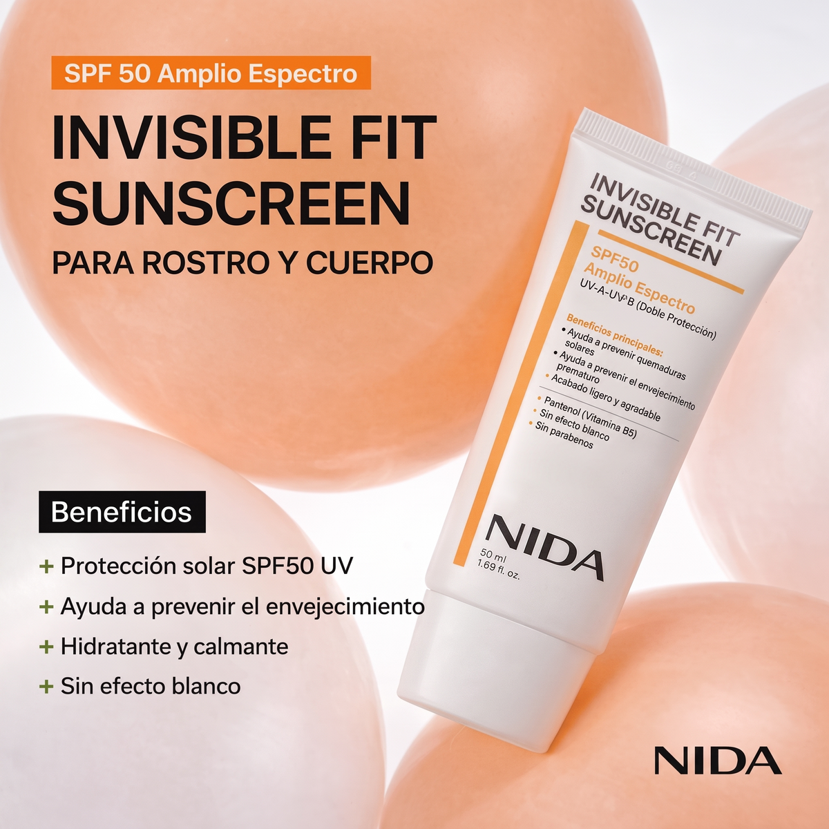 NIDA Invisible Fit Sunscreen SPF50 para rostro y cuerpo