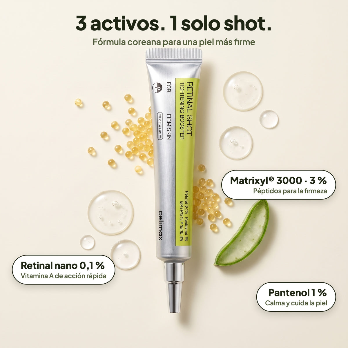 3 activos: retinal nano 0,1 %, Matrixyl 3000 3 % y pantenol 1 %