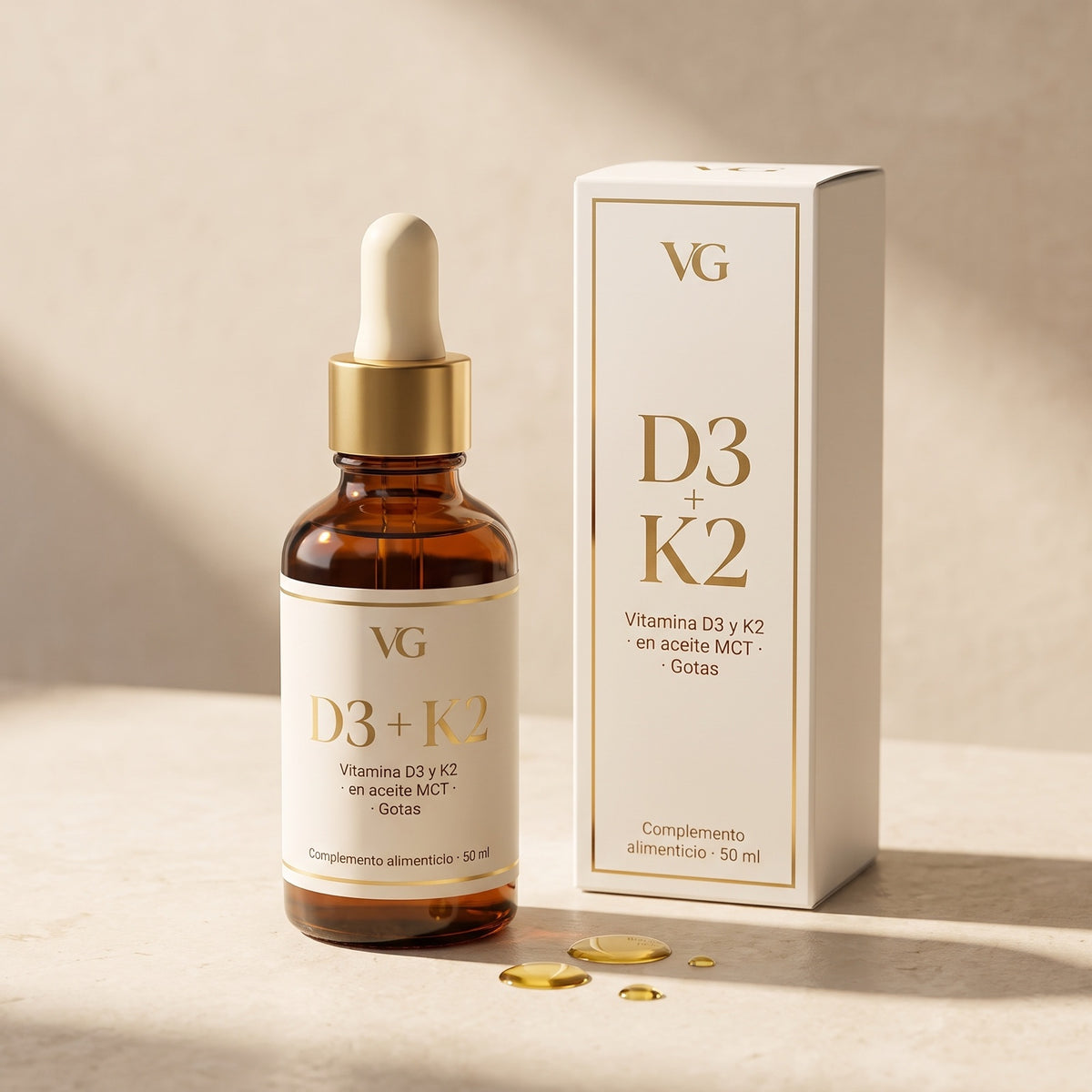 Vitamina D3 + K2 en gotas VitalGlow, frasco y caja