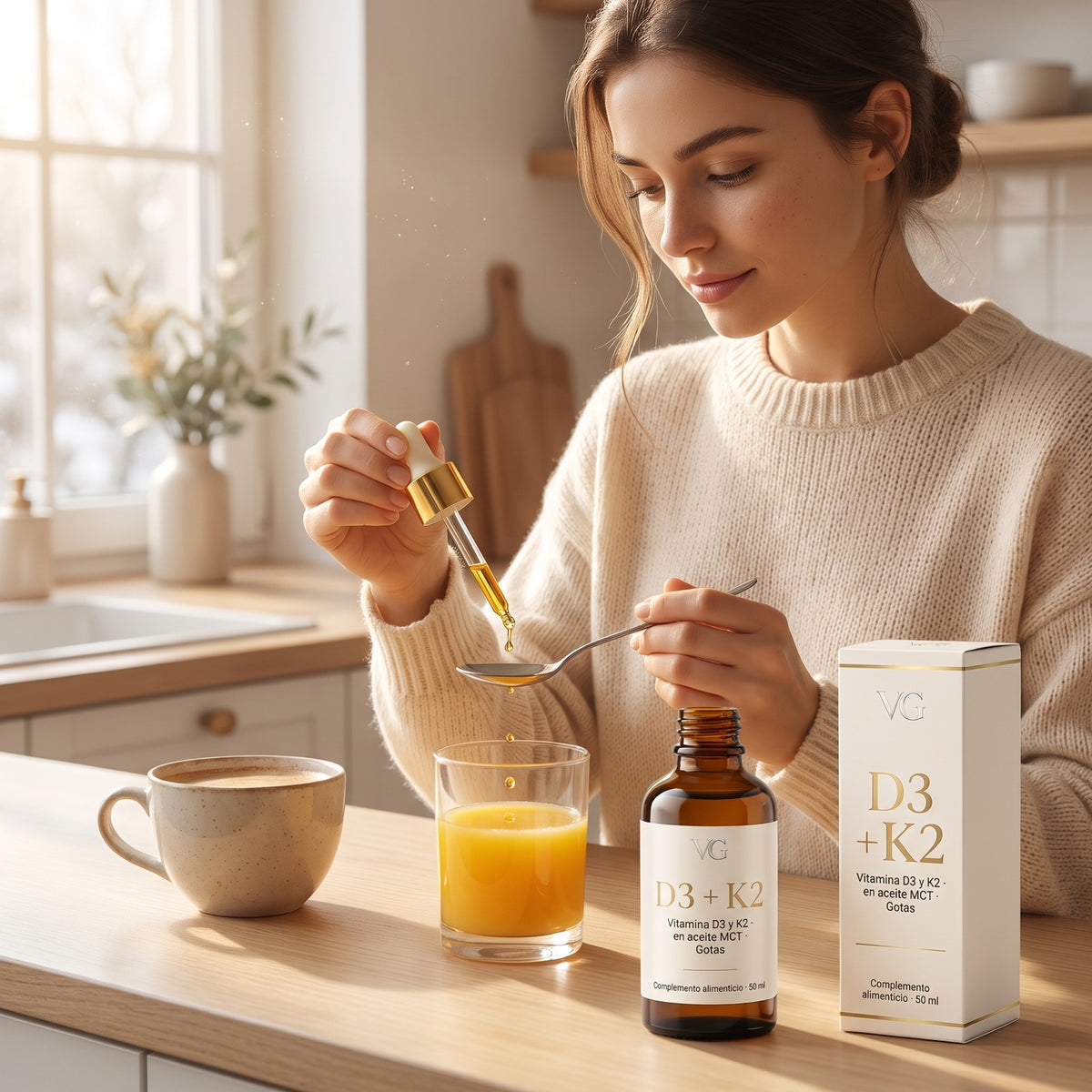 Mujer tomando gotas de Vitamina D3 + K2 VitalGlow con el desayuno